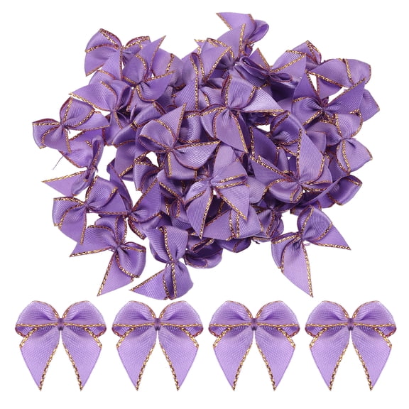Uxcell 50Pcs Mini Metallic Edge Ribbon Bow 1" Satin Ribbon Flower Bows Soft for Craft DIY Gold Edge Purple