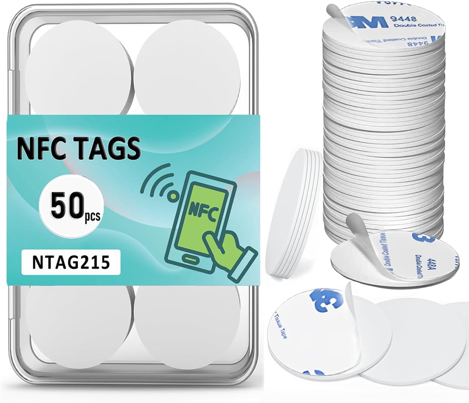 50Pcs NFC Tags NTAG215 Tag Stickers, Rewritable 215 Blank Coins with Adhesive Back, 25mm Round Chip 504 Bytes Memory Compatible TagMo and Enabled Devices