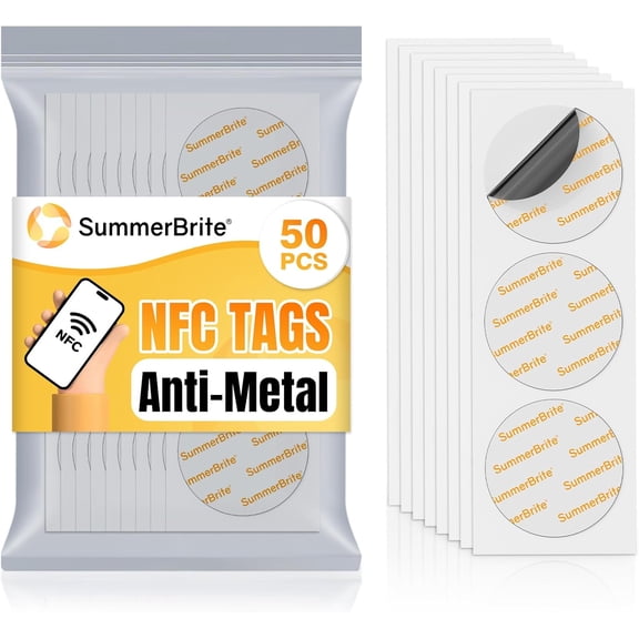 50Pcs NTAG215 NFC Tags Stickers, Anti-Metal Blank NFC Cards for TagMo, 504 Bytes Memory, Rewritable & Programmable RFID NFC Stickers with Adhesive Back Compatible with NFC Enabled Devices