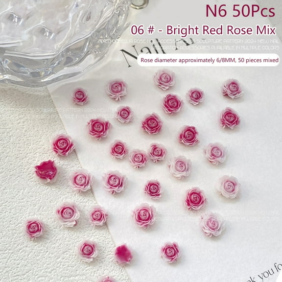 50Pcs Nail Art Mini Flower Resin Gem Stones DIY Nail Crafts 3D Stickers For Gel Polish Nail Accessories Multi-Colors Rose
