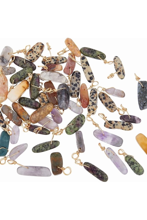 50Pcs Natural Stone Charms Mixed Gemstone Pendants Irregular Quartz Pendants with Golden Tone Copper Wire Bulk Assorted Stone Pendants for Jewelry Making Hole: 2.5~3.2mm Mixed Stone
