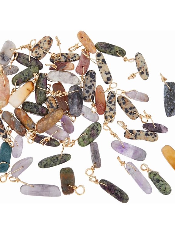 50Pcs Natural Stone Charms Mixed Gemstone Pendants Irregular Quartz Pendants with Golden Tone Copper Wire Bulk Assorted Stone Pendants for Jewelry Making Hole: 2.5~3.2mm Mixed Stone