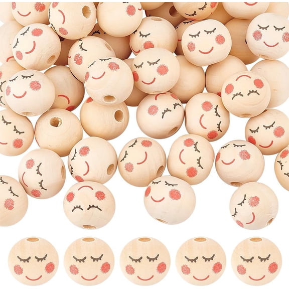 50Pcs Natural Wood European Beads Large Hole Smile Face Print Round Beads Undyed Moccasin 20mm