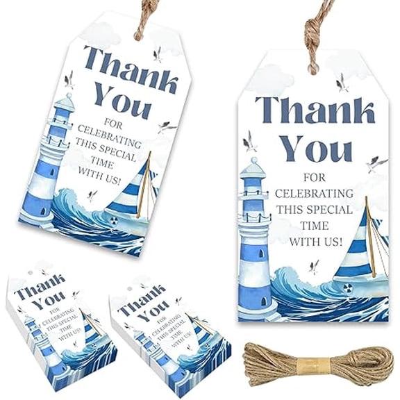 50Pcs Nautical Thank You Tags, Sailor Baby Shower Decorations Ahoy Nautical Boy Gift Tags Marine Sailboat Lighthouse Baby Shower Party Decor for Boy Birthday Gender Reveal Retirement Party Supplies
