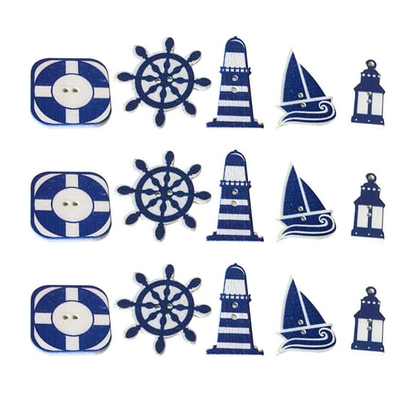 50Pcs Nautical Theme Buttons DIY Wooden Clothes Buttons Sailboat Lighthouse Life Buoy Rudder Design Button (Mixed Style)