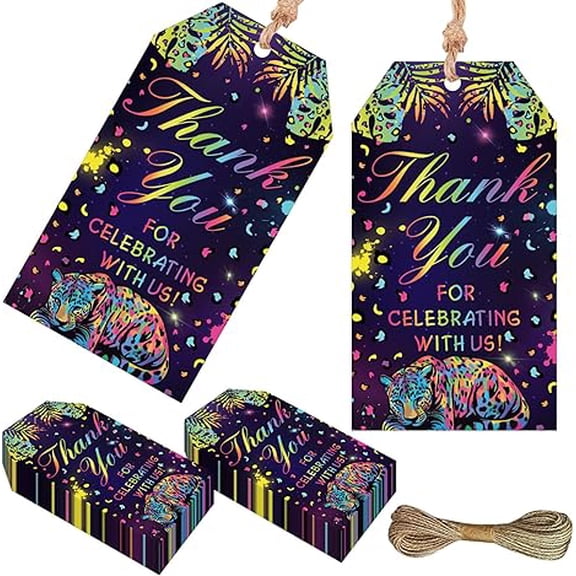 50Pcs Neon Leopard Birthday Party Thank You Tags Rainbow Cheetah Birthdays Party Gift Tags Hanging Tag Labels for Boys Girls Baby Shower Wedding Bridal Shower Decor Supplies