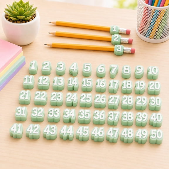 50Pcs Numbered Pencil Toppers, Reusable Plastic Classroom Pencil Labels for Teachers, 1-20, 1-30 or 1-50 Number Tracking Markers for Supply Stations, Desk Bins, and School Organization (Green)