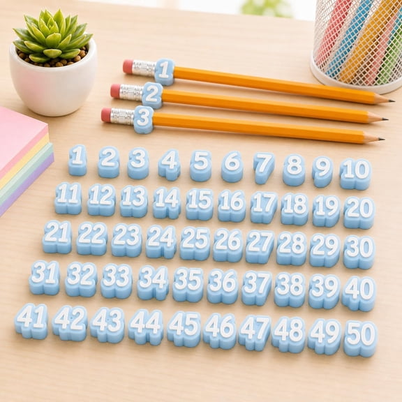 50Pcs Numbered Pencil Toppers, Reusable Plastic Classroom Pencil Labels for Teachers, 1-20, 1-30 or 1-50 Number Tracking Markers for Supply Stations, Desk Bins, and School Organization (Light Blue)