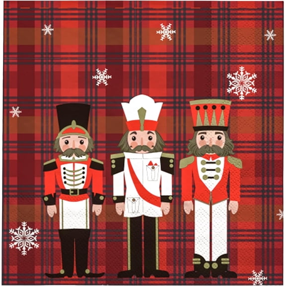 50Pcs Nutcracker Christmas Paper Napkins, Red Plaid Snowflake with Toy Soldiers Design, 3-Ply Dinner Napkins Square Disposable Guest Paper for Christmas Party Dinner Table Décor, 6.5 x 6.5 In