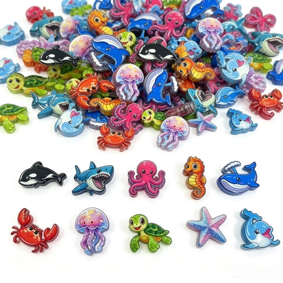50Pcs Ocean Creatures Acrylic Beads, 3D Relief Marine Animal Charms, 10 Styles Colorful Through-Hole DIY Craft Beads for Bracelets, Keychains, Pen Decor, Hair Accessories & Jewelry Making