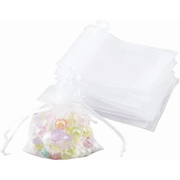 50Pcs Organza Drawstring Bags 9x7cm White Rectangle Mesh Bags for Party Christmas Jewelry Gift Wedding Favor Fruit Protection Making DIY