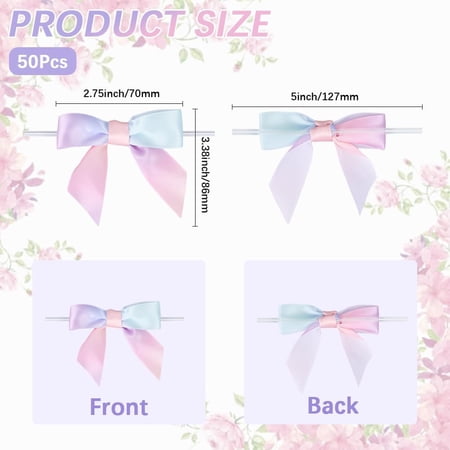 50Pcs Pastel Ribbon Bows Satin Ribbon Twist Tie Bows 7cm Mini Premade Tied Bowknot Packaging Gift Wrap Bows for Treat Bags Basket Present Christmas Wedding Party Decorations DIY Crafts