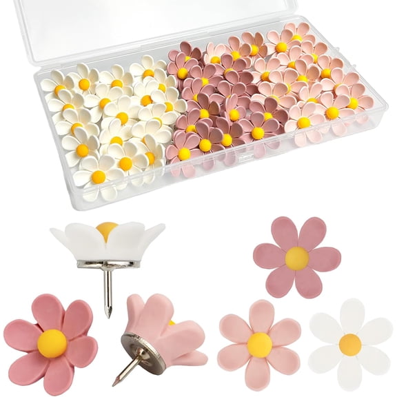50Pcs Pink Cute Thumb Tacks, Decorative Push Pins for Cork Board, Flower Fancy Tacks for Bulletin