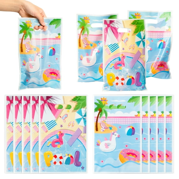 50Pcs Pink Summer Pool Party Favors Bags Beach Ball Goody Candy Treat Bags with Handle Flamingo Party Decorations Plastic Gifts Bags Birthday Snack Bags Summer Beach Ball Party Favor Supplies for Kid