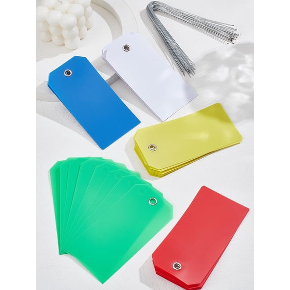 50Pcs Plasitc Big Shipping Tags Rectangle Heavy Duty Labels with 50Pcs Iron Wire Mixed Color Blank Tags for Equipment Car Parts Garage Storage 120x60x0.2mm Hole: 6mm diy