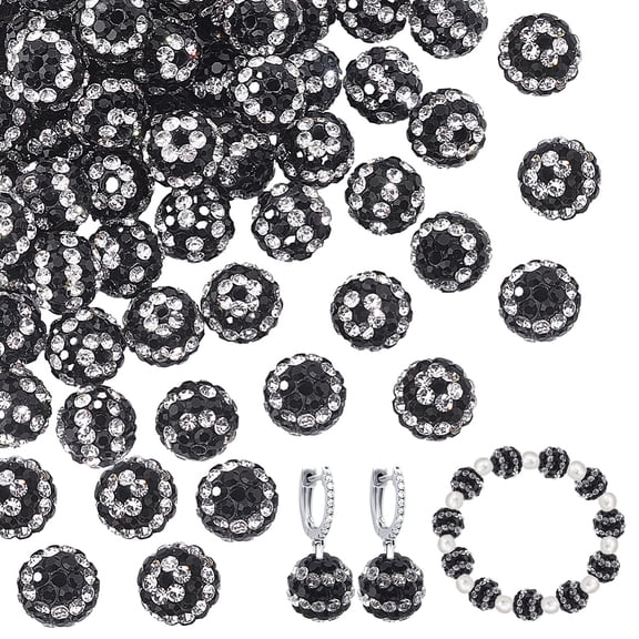50Pcs Polymer Clay Rhinestone Beads Two Tone Color Pave Disco Ball Beads Jet 10mm