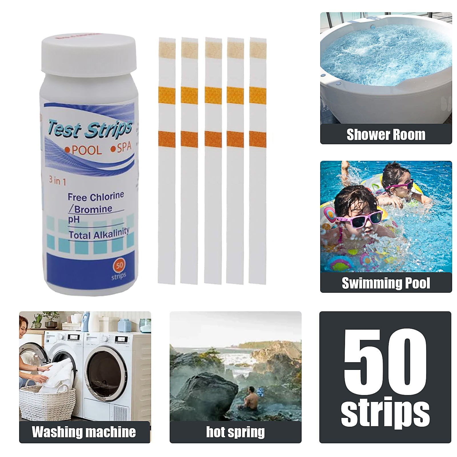 50Pcs Pool and Spa Test Strips 3in1 Swimming Pool Test Kit for Free Chlorine/Bromine, PH