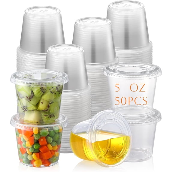 50Pcs Portion Cups with Lids, 5oz BPA-free Clear Disposable Plastic Cups for Souffle, Jello, Meal Prep, Portion Control, Salad Dressing, Slime, Condiment Container