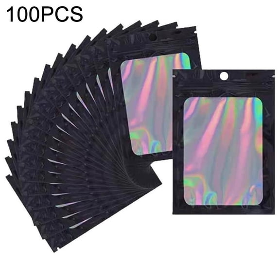 100Pcs Rainbow Holographic Resealable Bags, Clear Opaque Dual Sided Self Seal Pouches, Small Zipper Storage Bags for Badge, Jewelry & Tiny Accessories