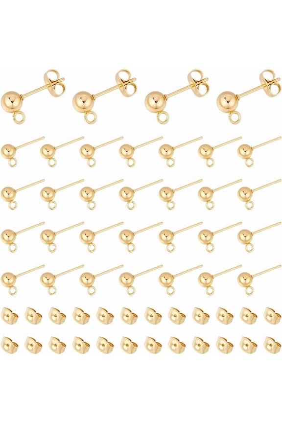 50Pcs Real 18K Gold Plated Ball Post Stud Earrings 16mm Golden Stud Earring Findings with Ear Nuts and Loop Ear Component