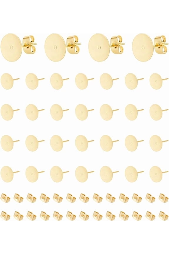 50Pcs Real 24K Gold Plated Stud Earring Findings 10mm Earring Posts with Ear Backs Flat Pad Earring Studs Stainless Steel Flat Back Blank Earring Studs Earring for DIY Jewellery Making