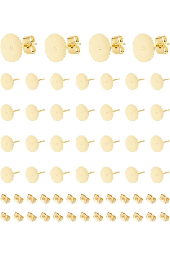50Pcs Real 24K Gold Plated Stud Earring Findings 10mm Earring Posts with Ear Backs Flat Pad Earring Studs Stainless Steel Flat Back Blank Earring Studs Earring for DIY Jewellery Making for DIY