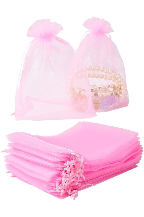 50Pcs Rectangle Drawstring Bags Organza Pearl Pink Clear Mesh Jewelry Pouches 7.09 Inches for Men Women Party Wedding Festival