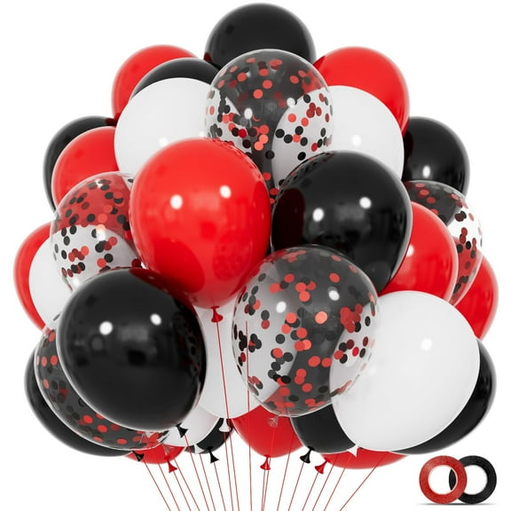50Pcs Red Black White Latex Balloons 12 Inch with Black Red Confetti Balloons for Birthday, Wedding, Baby Shower, Graduation Poker Card Party Decorations