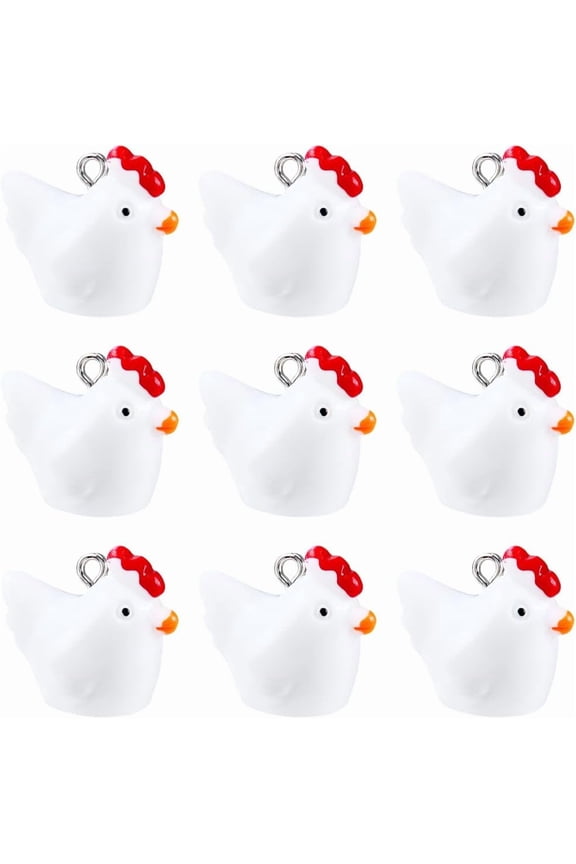 50Pcs Resin Chick Charms Mini Chicken Charms Bulk White 3D Farm Animal Poultry Hen Beads Pendants with Silver Iron Loop