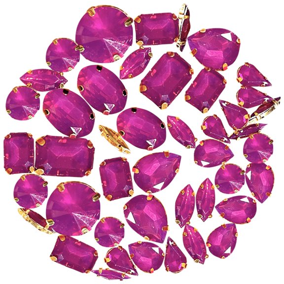 50Pcs Rhinestones With Holes For Sewing, Fuchsia Mixed Shape Acrylic Gems With Golden Claws, Diy Craft Supplies For Clothing Decorations, Jewelry Making, Hair Accessories,