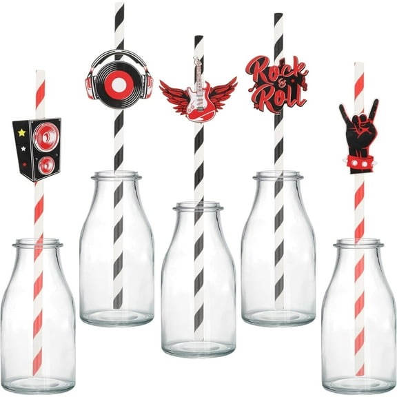 50Pcs Rock and Roll Straws, Music Party Favors Red Black Striped Paper Straws with Rock n Roll Guitar Topper for 1950s Born to Rock Rockstar Disco Grease Bachelorette Birthday Party Decor