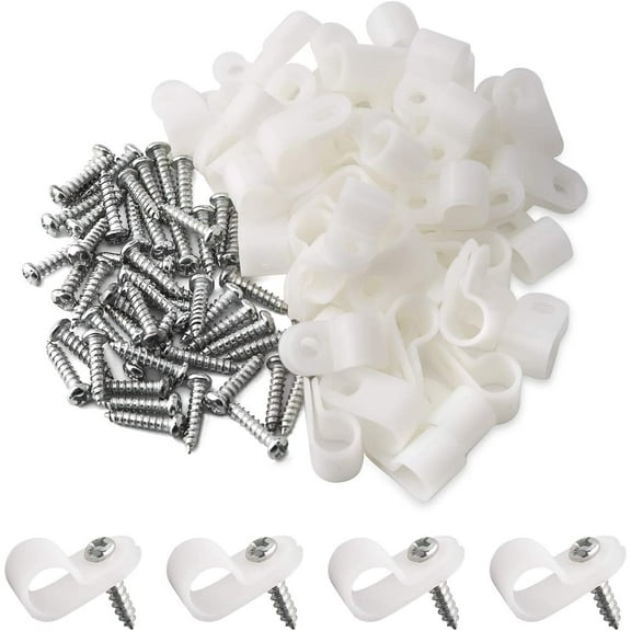 50Pcs Rope Light Clips, R-Type Mounting Cord Fastener Clips with Stainless Steel Screws