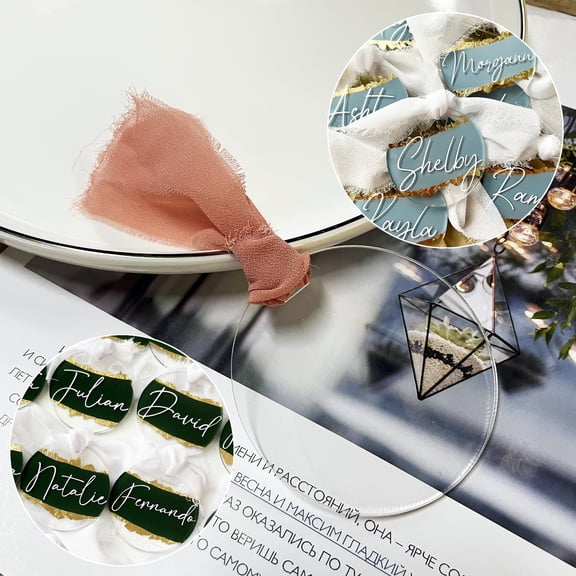 50Pcs Round Acrylic Place Card for Wedding Clear Acrylic DIY Table Seating Cards Wedding Supplies with Ribbon