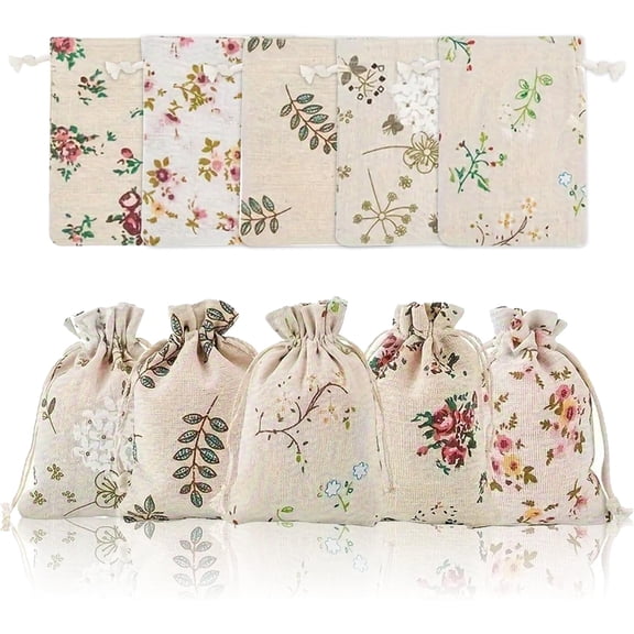 50Pcs Rustic Floral Drawstring Gift Bags, Natural Linen Fabric Favor Pouches with Random Floral Prints, Reusable Small Gift Bags for Jewelry, Candy, Wedding Favors, Christmas Gifts