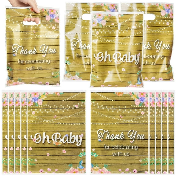 Belanttega 50Pcs Rustic Baby Shower Party Favor Bag, Oh Baby Floral Goody Candy Treat Bags with Handles Wood Floral Party Decor Plastic Gifts Bags Party Favor Supplies for Boy and Girl
