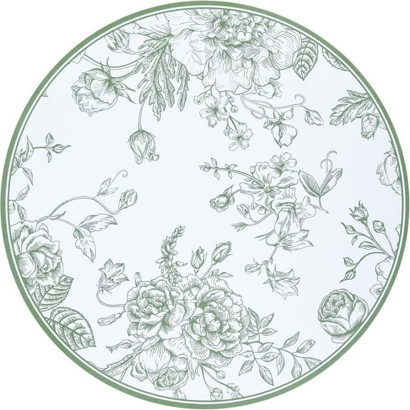 50Pcs Sage Green Floral Paper Placemats Chinoiserie Round Disposable Place Mats Green Flower Banquet 13 Inch Paper Cutouts for Table Setting Wedding Birthday Party Supplies
