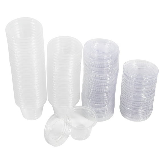 50Pcs Sauce Cups, Round Disposable Plastic Clear Sauce Chutney Cups with Lid Food Containers for Deli Pots Takeaway Restaurants Condiments sauces (1oz)