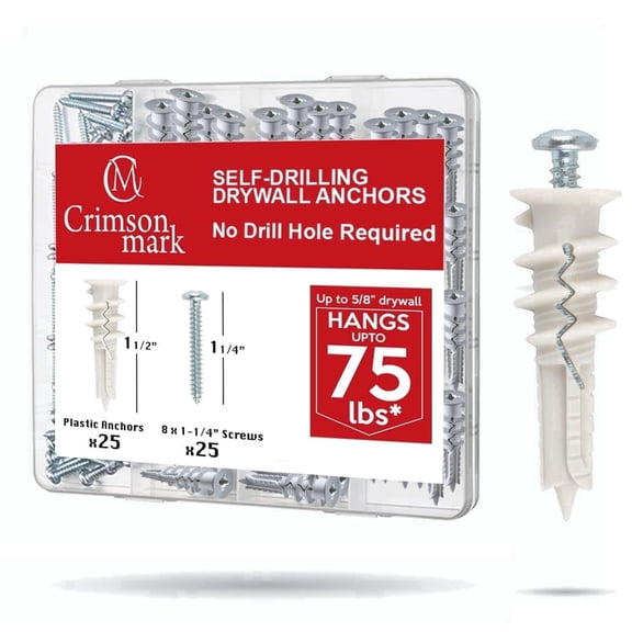 50Pcs Self Drilling Drywall Anchors and Screws kit #8 x 1-1/4”- Superb Wall Anchors for Drywall, Holds upto 75lbs – No Drill Hole Required with These Drywall Screws and Anchors