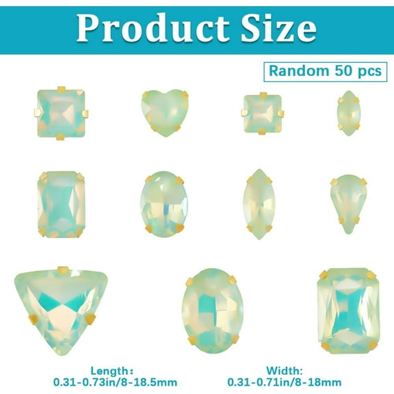 50Pcs Sew on Rhinestone Mixed Shapes Glass Gold Claws Rhinestone Light Green Clear Gems Stones Flatback Sewing Diamonds for DIY Crafts Clothes Shoes Bag Jewelry Embellishments
