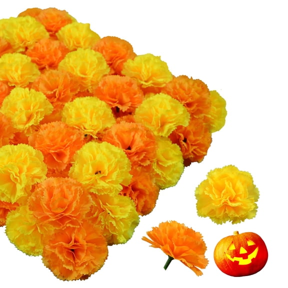 50Pcs Silk Marigold Flower Heads, Artificial Marigolds for Diwali, Indian Weddings, Day of The Dead, Mexican Party, DIY Wreath Garland, Halloween, Christmas, Thanksgiving(Yellow and Orange)