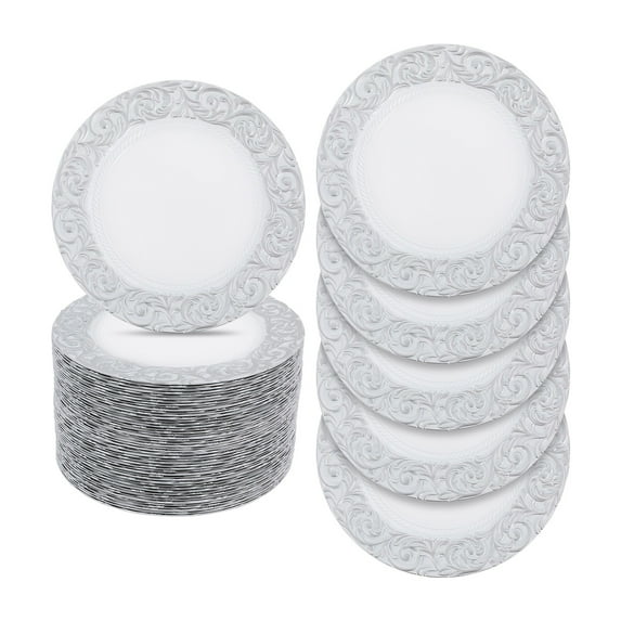 50Pcs Silver Charger Plates Bulk, 13" Antique Charger Plates Set with Embossed Rim Reusable Serving Round Plate for Wedding Party Event Tableware (White Background with Silver Rim)