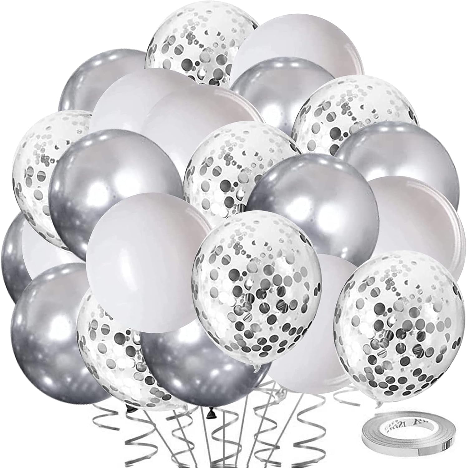 50Pcs Silver & White Confetti Balloons with Ribbon, 12 inch Thick Latex Balloons for Baptism Bridal Baby Shower Wedding Anniversaries Birthday Party Decor