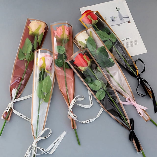 Zeyune 36 Pcs Fake Roses With 50 Wrapping Bags & 2 Silk Ribbons - DIY Floral Bouquet Packaging For Valentine's, Wedding, Mother's Day