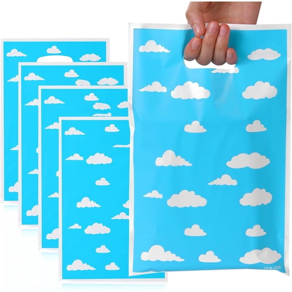 50Pcs Sky White Cloud Pattern Birthday Party Favor Bags, Bright Blue Sky Cartoon Cloud Print Candy Treat Gift Bags for Kids Outdoor Adventure Themed Party Supplies