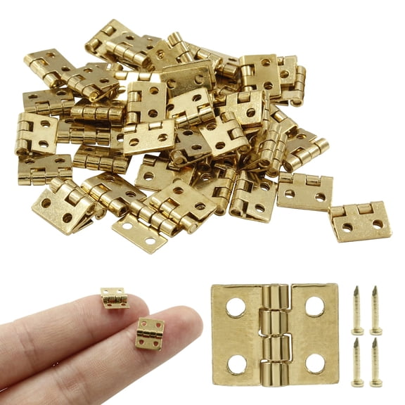 50Pcs Small Brass Hinges, 0.31"x0.39"Pure Copper Butt Gold Tiny Hinges for Mini Cabinet Jewelry Wooden Box,Doll House DIY with Mounting Screws