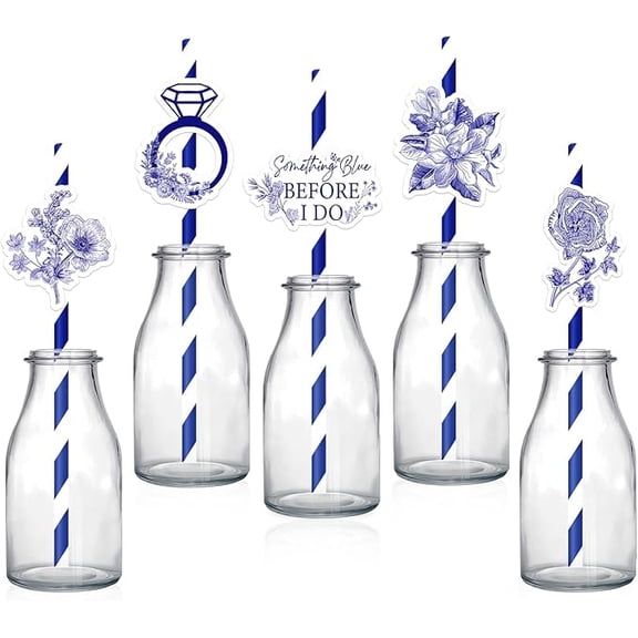 50Pcs Something Blue Before I Do Bridal Shower Decoration Blue Paper Straws Floral Ring Striped Straws for Women Bachelorette Party Bridal Shower Wedding Supplies