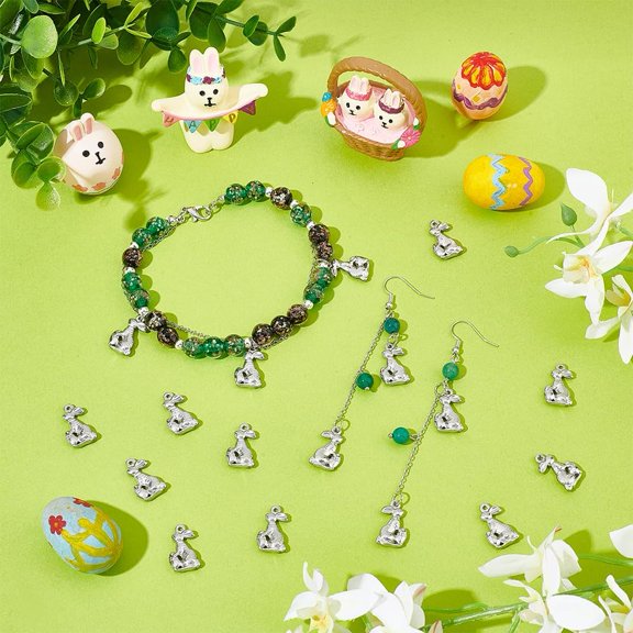 50Pcs Stainless Steel Easter Bunny Charms Metal Rabbit with egg Pendants Animals Charms for DIY Bracelets Necklace Jewelry Making 18x10x3.5mm