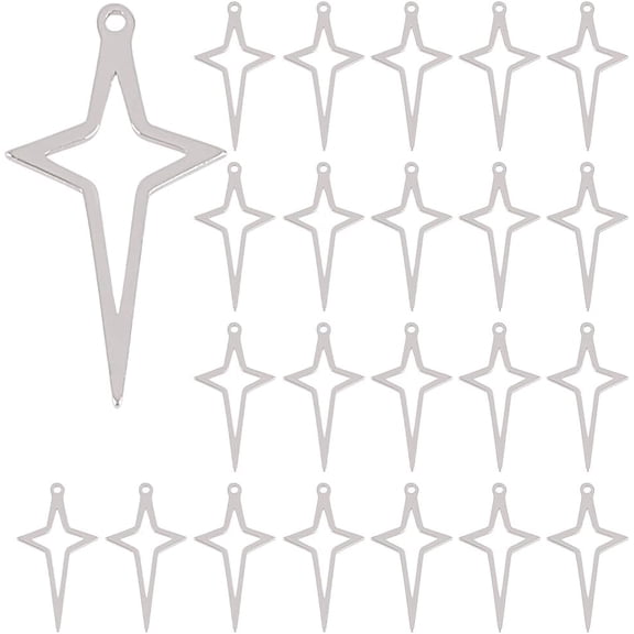 50Pcs Stainless Steel Star Charms 21.5mm 4 Point Star Dangle Charms Hollow Celestial Pendants Small Star Charms Bulk