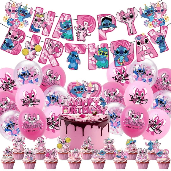 50Pcs Stitch Birthday Supplies Cartoon Party Supplies Kit Banner Balloons Cake Cupcake Toppers for Boys Girls Birthday Party Decorations Kits