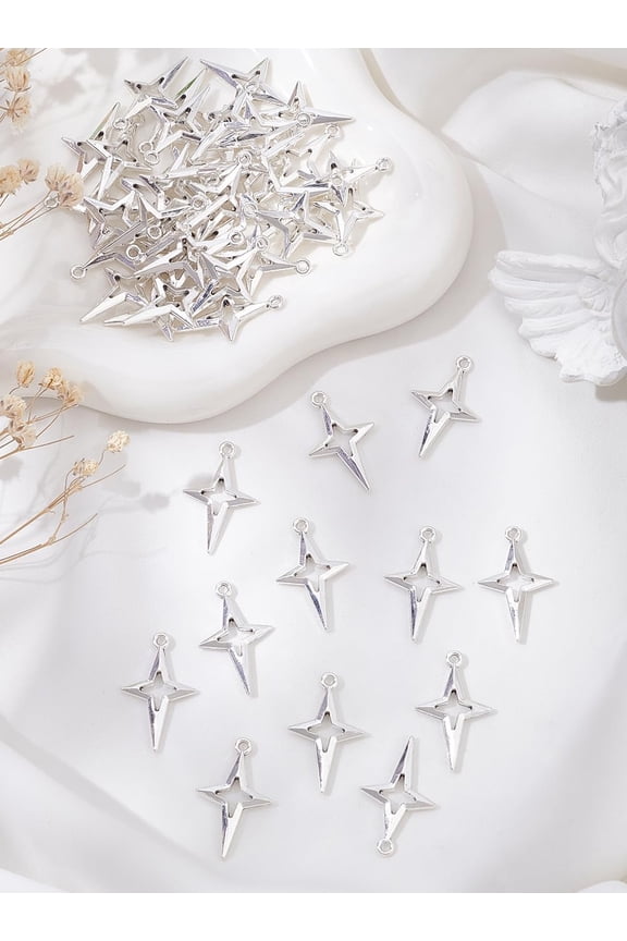 50Pcs Style Alloy Hollow Pendants Star Charms Silver 27.5x17x2.5mm Hole: 1.8mm